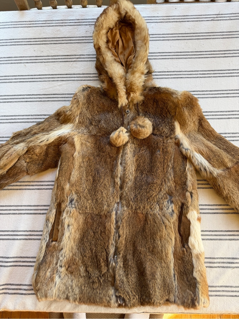 Vintage genuine rabbit-fur patchwork coat/jacket with a hood and fur pom-poms